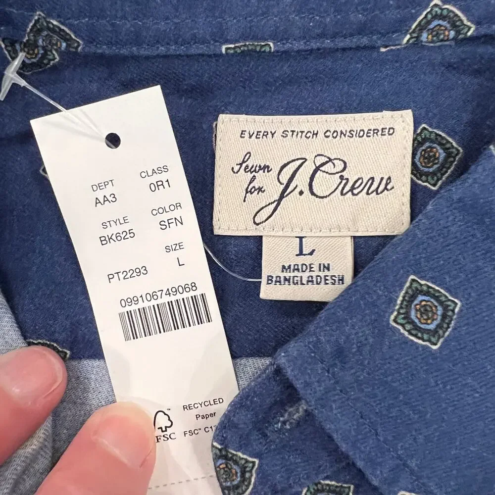 NWT J. Crew Men's Square Flower Blue/Green Cotton-Wool Challis 2 Pocket Shirt